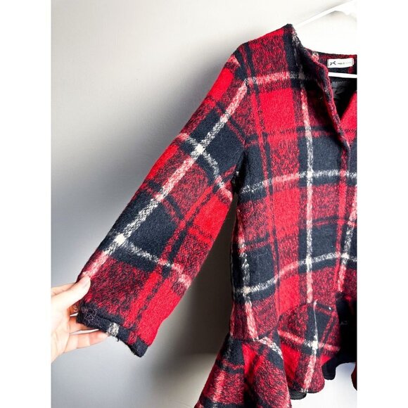 Muice Fashion Plaid Ruffle Snap Button Long Coat Red Black Small - Picture 2 of 7